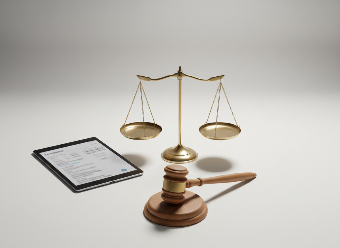 A balanced composition of three symbolic objects arranged on a clean, matte white surface: a brass scale of justice, a slim tablet displaying a blurred legal document interface, and a simple wooden gavel placed precisely in the foreground. The brass scale is empty yet perfectly level, its metal surface catching harsh, side-on studio light that creates crisp, confident shadows stretching diagonally across the frame. The tablet glows subtly, hinting at modern, evidence-based human rights work. The background is a soft gradient from light grey to white, minimalist and distraction-free. Photographic realism with a slightly elevated angle and moderate depth of field emphasizes clarity and purpose, evoking a bold, contemporary approach to protection, accountability, and access to justice.