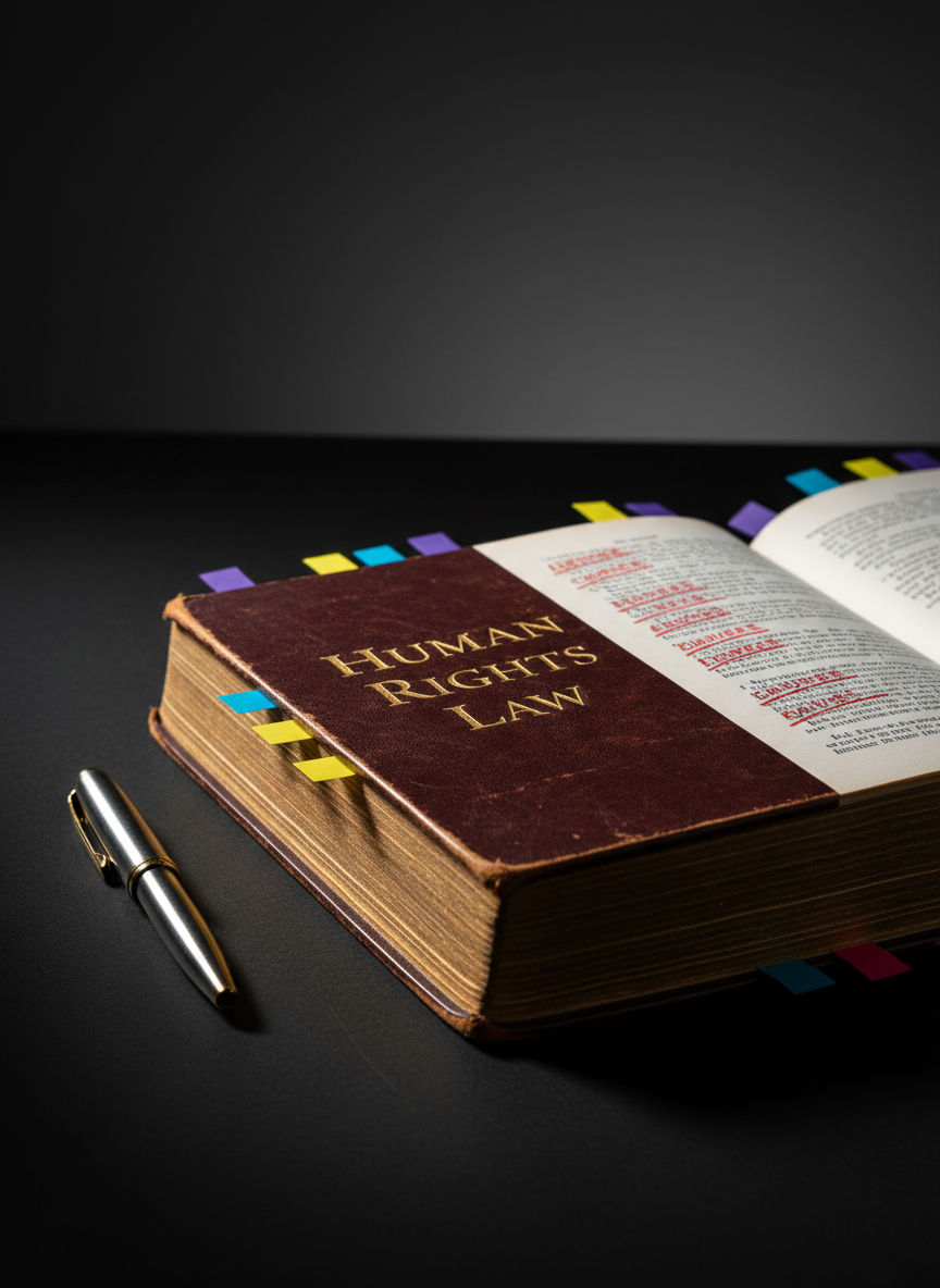 A powerful close-up of a heavy, slightly worn leather-bound legal text embossed with the words “Human Rights Law” in gold, lying open on a matte black desk. Precision-highlighted clauses are underlined in vivid red ink, with color-coded sticky flags creating a structured pattern along the page edges. A single sleek metallic fountain pen rests diagonally across the margin. Hard, directional studio lighting from the left creates razor-sharp shadows and bright highlights on the gold lettering, emphasizing texture and seriousness. The background fades to a minimalist dark gradient, empty and uncluttered. Photographic realism, shot at eye level with a shallow depth of field, creates a bold, high-impact, advocacy-driven atmosphere suitable for a human rights portfolio homepage hero image.