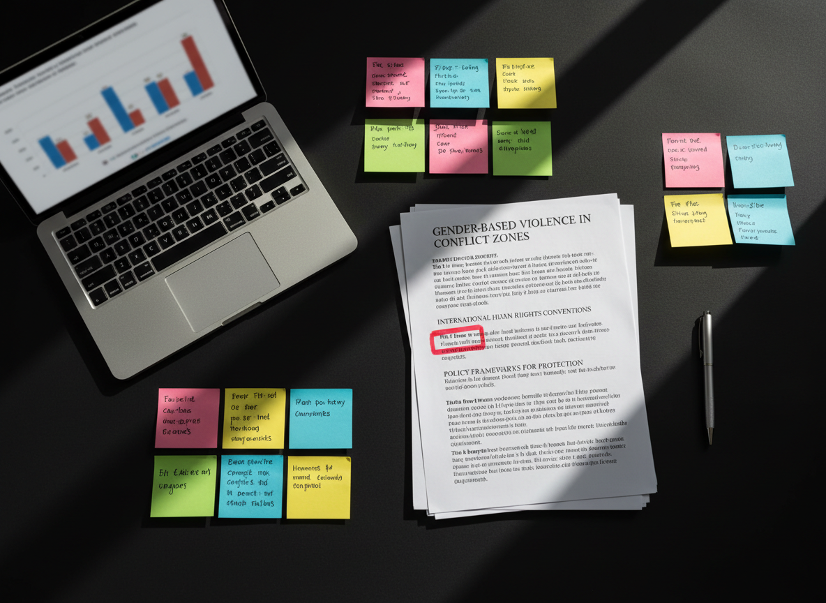 A meticulously arranged research workspace on a deep charcoal surface: printed reports with visible headings about gender-based violence and international conventions, neatly stacked alongside a slim laptop displaying an abstracted chart. Bright adhesive notes in organized clusters frame the documents, suggesting systematic analysis. A single red-highlighted passage is sharply in focus at the center. Strong, directional light from the right casts long, crisp shadows of paper edges and note corners, creating a graphically bold pattern. The background recedes into a soft, dark blur, emphasizing the illuminated documents. Photographic realism, captured from an overhead, flat-lay perspective, with precise, high-contrast lighting to convey rigor, clarity, and the intensity of human rights research and policy work.